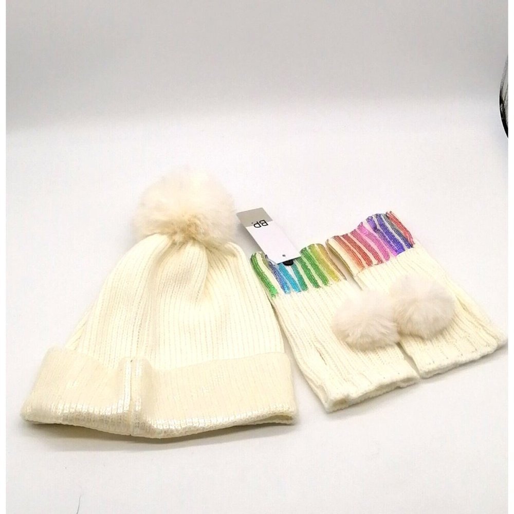 BP Womens Winter Knit Stocking Cap & Fingerless Mitten Set Ivory Faux Fur NEW‎